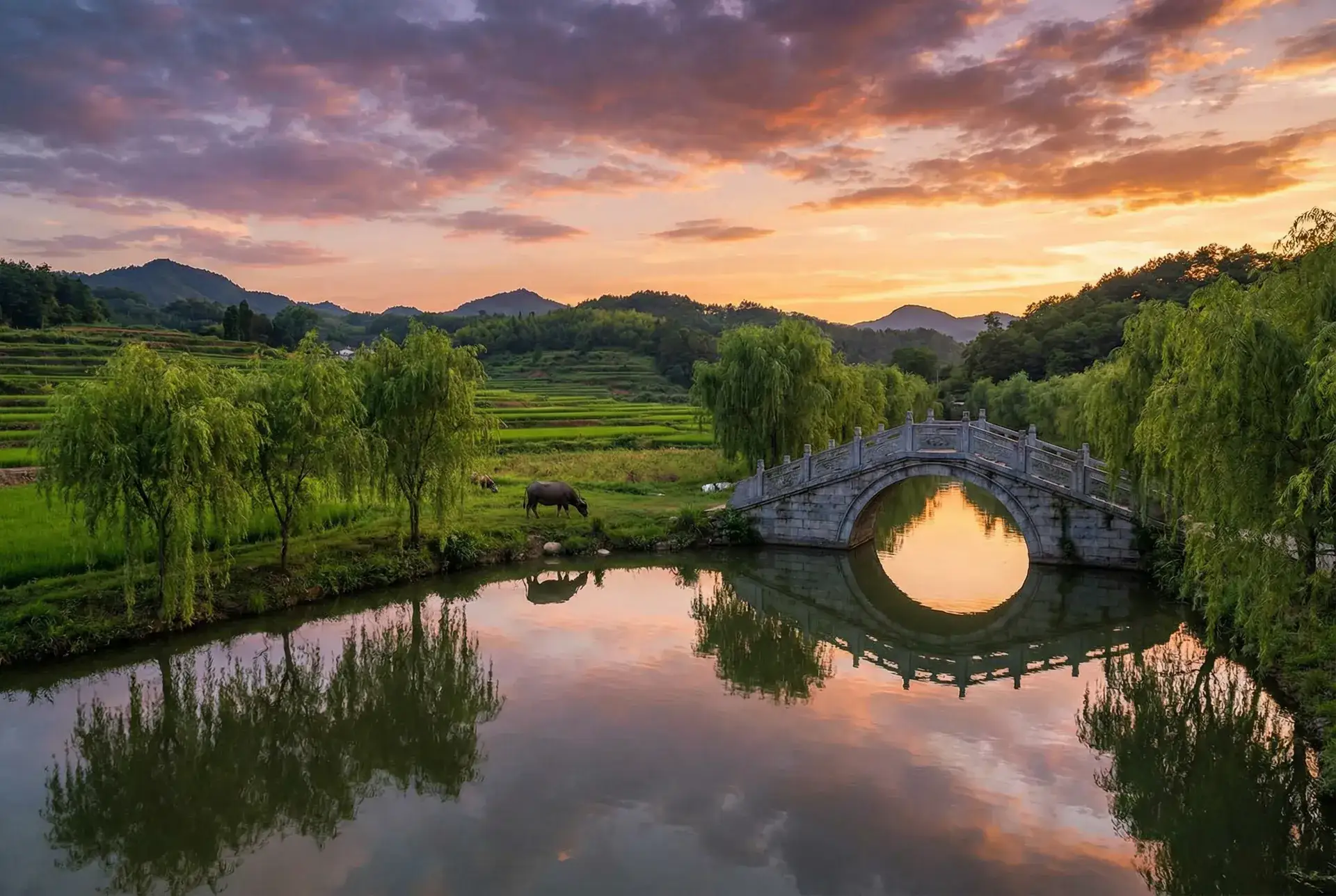 夕阳下的石拱桥与垂柳，水牛在河边吃草 - 令嬢肉奴隷在线观看 乡村美景